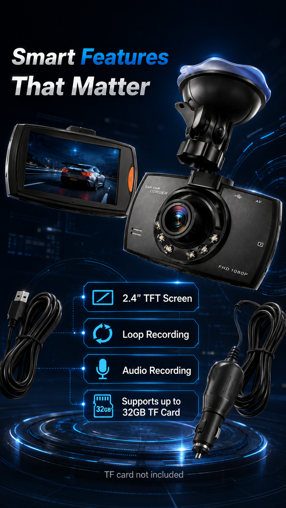 SafetyFirst HD 1080p Car Dash CamCorder with Night Vision