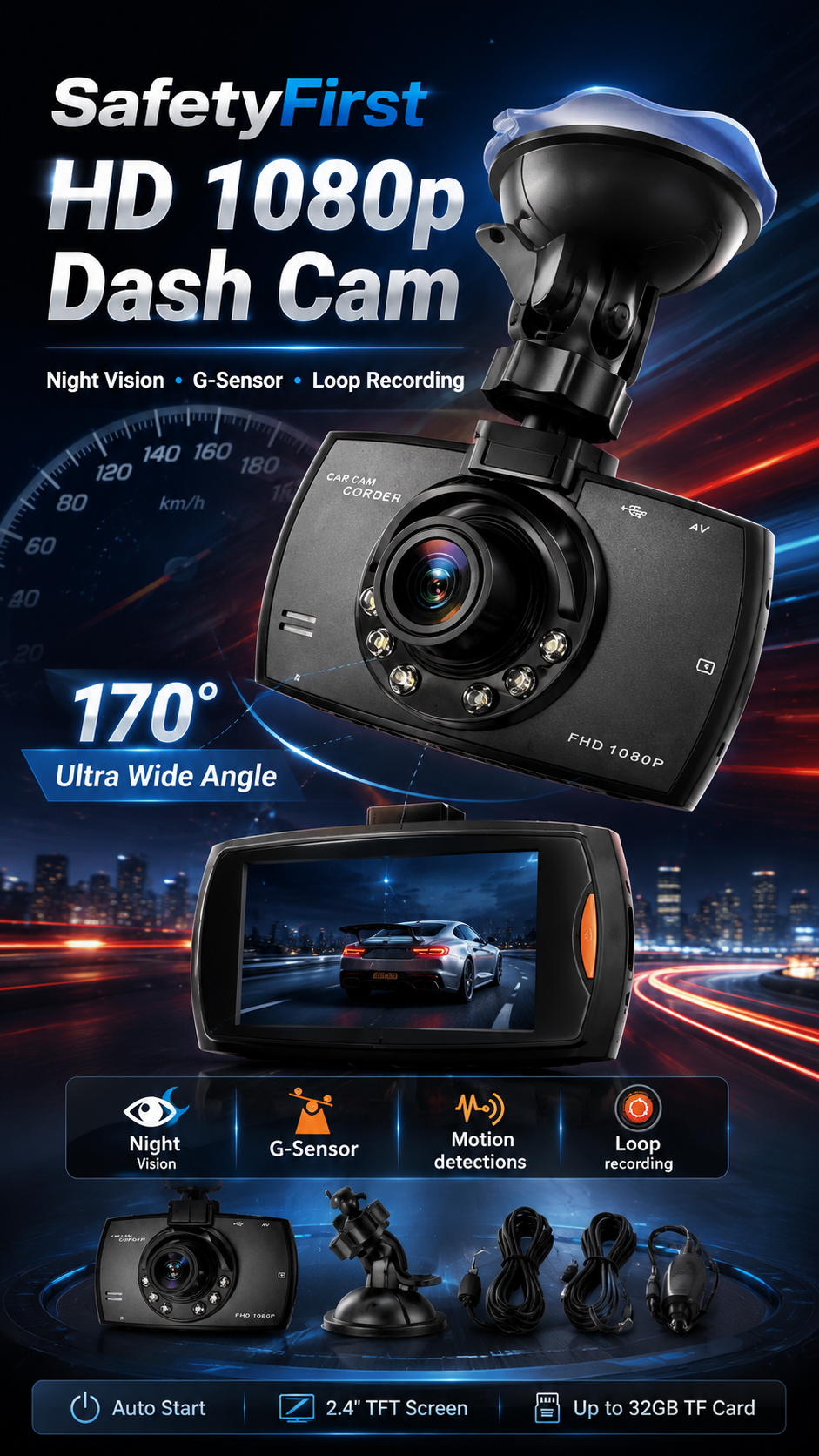 SafetyFirst HD 1080p Car Dash CamCorder with Night Vision